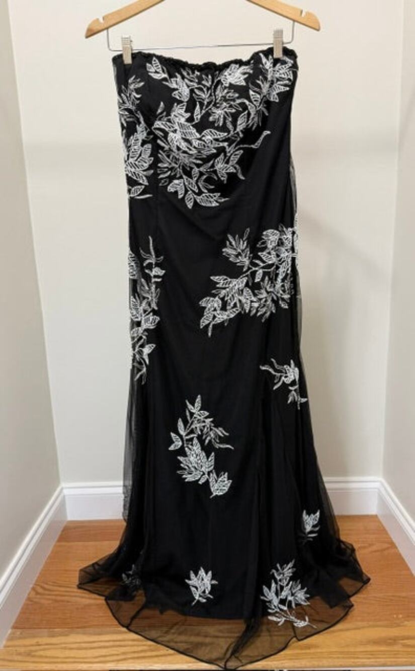 Cache 90s Vintage Strapless Beaded Black Mesh Evening Gown Dress Sz L
